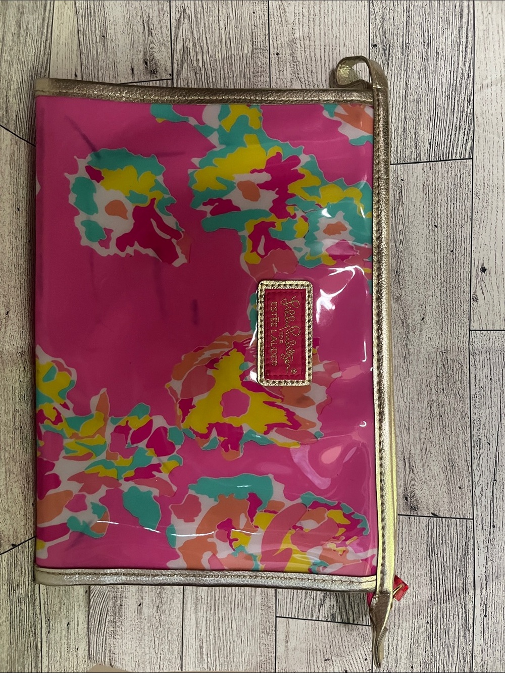 Estee Lauder Pink Floral Vinyl Cosmetic Bag with Gold Trim